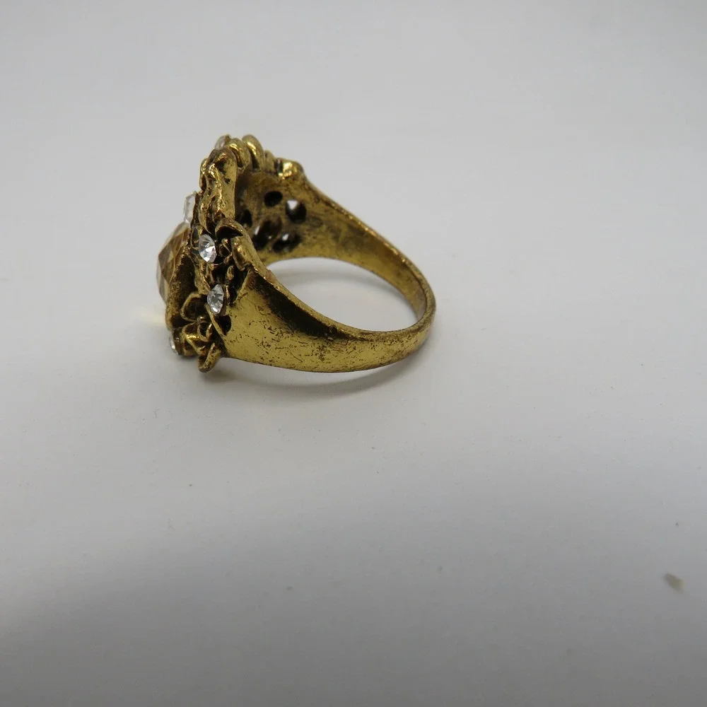 Vintage Gold Tone Rose Floral Cocktail Ring Amber Stone Rhinestone Size 9
